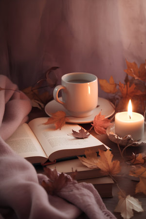 Autumn still life with cup of coffee, books, candles and autumn leaves on a wooden tableの素材
