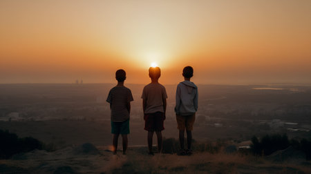 Silhouette of a family standing on top of a mountain and looking at the sunsetの素材