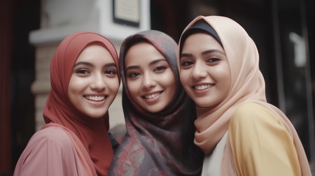 Portrait of three beautiful muslim women with hijab smiling at cameraの素材