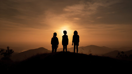 Silhouette of three girls standing on the top of mountain at sunsetの素材