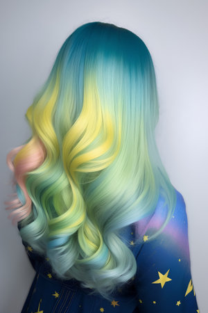 Portrait of a beautiful young woman with blue hair and bright makeupの素材