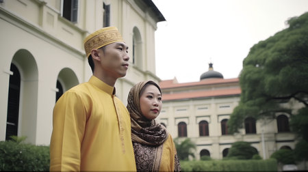 Young muslim couple in front of a mosque in Kuala Lumpur, Malaysiaの素材
