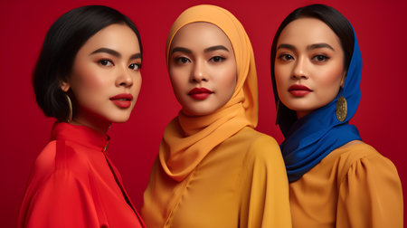 Group of three asian women wearing hijab posing on red background.の素材