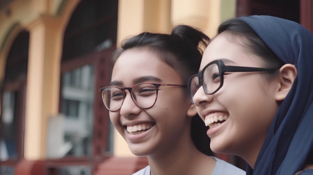 Portrait of two happy young asian girls smiling and looking at cameraの素材