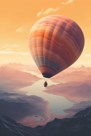 Hot air balloon flying over mountain landscape at sunset. 3D renderingの素材