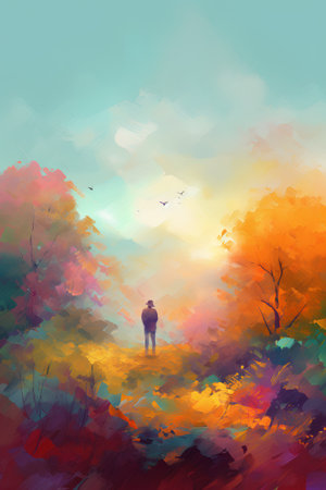 Autumn landscape with a man standing in the forest. Vector illustration.の素材