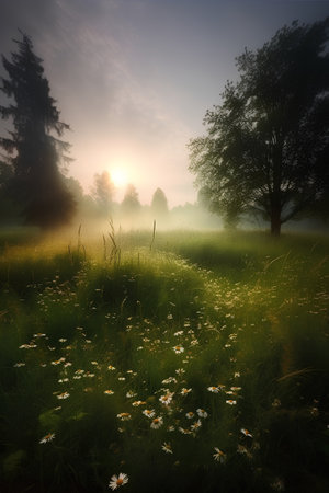 Foggy meadow with daisies and trees at sunriseの素材