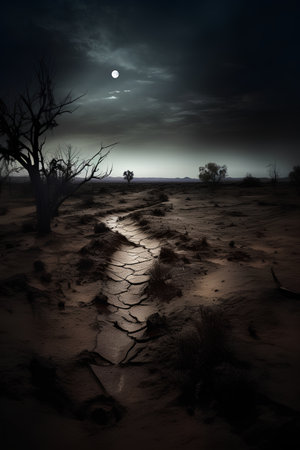 Full moon over the desert at night, 3d render illustration.の素材