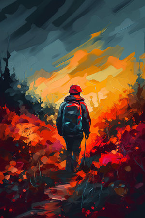 Hiking man with backpack in autumn forest. Backpacker walking in the woods. Vector illustrationの素材