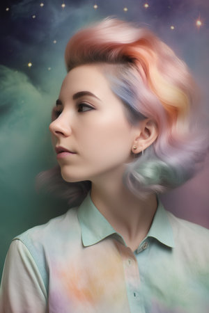 Portrait of a beautiful woman with colorful hair. Vintage style.の素材