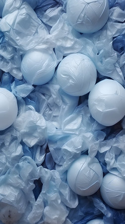 White eggs in plastic bag on blue background. Close-up.の素材