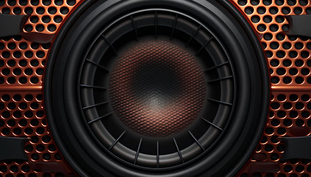 3D illustration of a loudspeaker on a perforated backgroundの素材