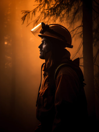 Portrait of a fireman in a dark forest at sunset.の素材