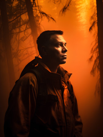 Young man with backpack standing in the middle of a foggy forestの素材
