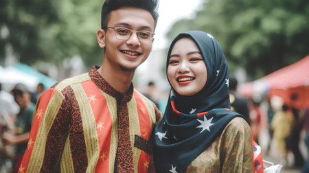 Portrait of happy Asian muslim couple wearing traditional clothes and smilingの素材