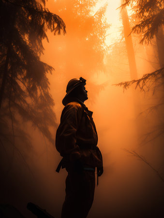 Silhouette of a man in a raincoat and hat on a background of foggy forestの素材