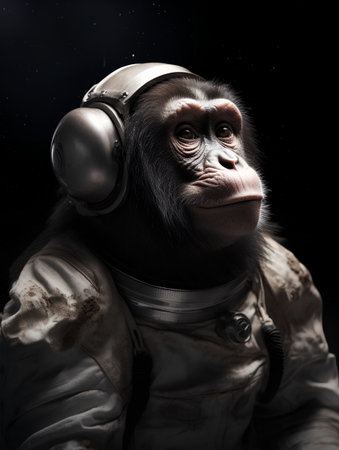 Chimpanzee monkey wearing astronaut suit and headphones on black backgroundの素材