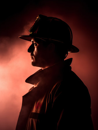 Portrait of a firefighter on a dark background. The concept of fire fighting.の素材
