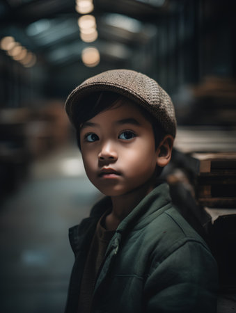 Portrait of a boy in a hat and a jacket in a warehouseの素材