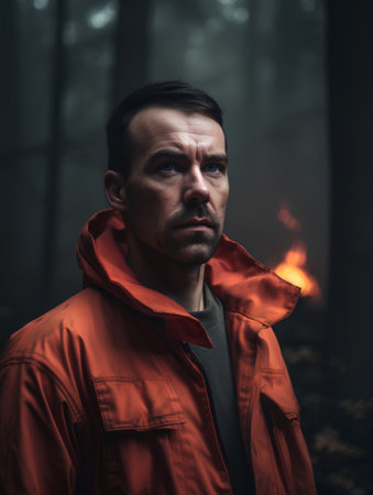 Portrait of a man in a red raincoat in a dark forest.の素材