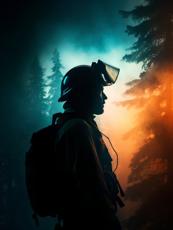 Silhouette of a man in a helmet and glasses on a background of a foggy forest.の素材