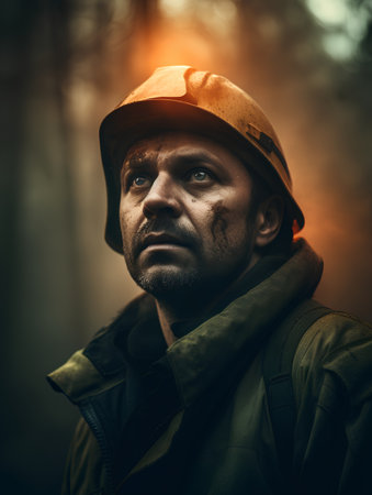 Portrait of a worker in a helmet and jacket in the forestの素材