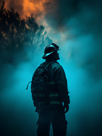 Firefighter in the smoke of the forest. Fire fighting concept.の素材