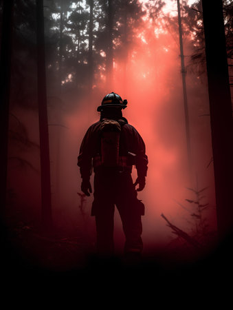 Silhouette of Firefighter in the dark forest with smoke and fogの素材