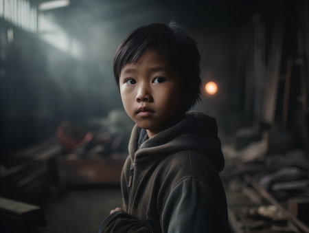Portrait of a little boy in an abandoned factory, conceptual imageの素材