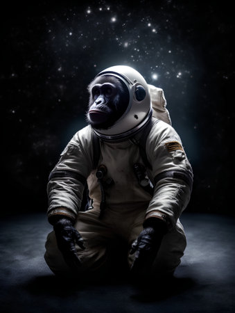 Astronaut sitting on the floor in the dark space with starsの素材