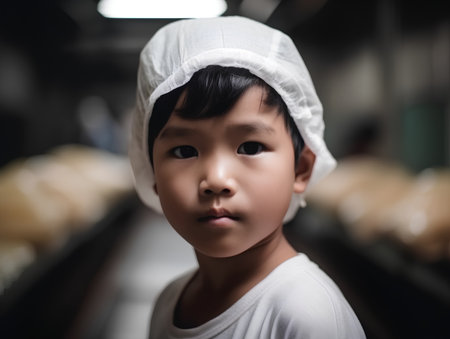 Little boy in a bakery, shallow depth of field, focus on eyesの素材