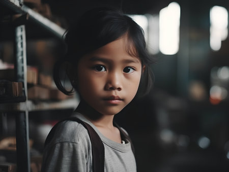 Portrait of a cute little girl in library. Education concept.の素材