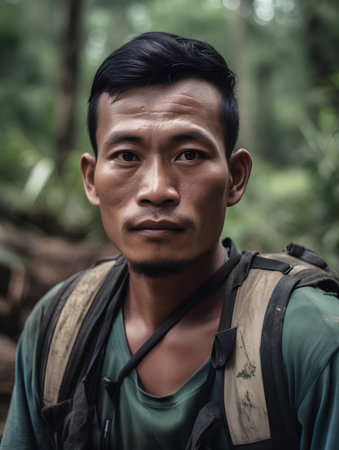 Portrait of a young Asian man with backpack in the forest.の素材