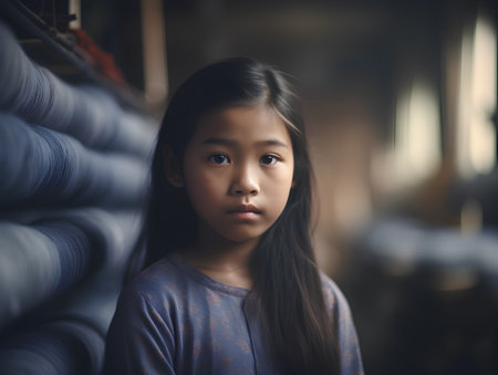 Little asian girl looking at camera in the library, vintage toneの素材