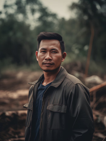 Portrait of asian man wearing khaki jacket standing in the forest.の素材