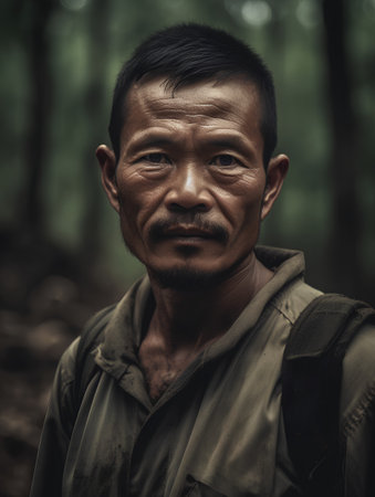Portrait of a senior Asian man with backpack in the forest.の素材