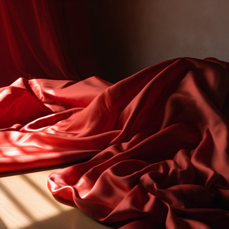 Red satin fabric on a wooden floor in the dark room.の素材