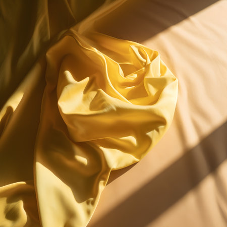 Yellow satin silk fabric on the bed. Texture. Background.の素材