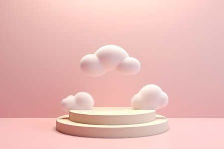 3d render, abstract minimal geometric background, pastel colors, podiums and cloudsの素材