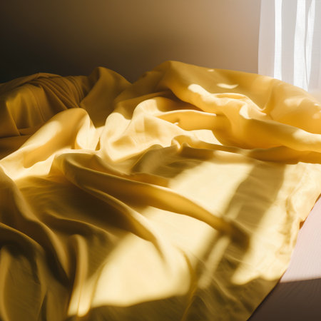 Yellow silk drapery on a bed in the morning light.の素材