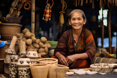 Portrait of an old woman selling souvenirs at a market in Thailandの素材