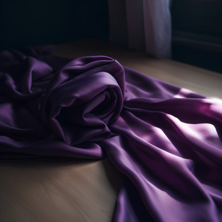 Purple satin fabric on a wooden table. Selective focus.の素材
