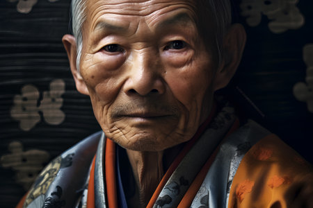 Portrait of an elderly Japanese man in kimono, close-upの素材