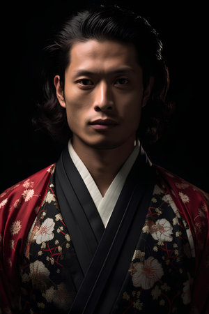 Portrait of a handsome asian man in kimono on black backgroundの素材