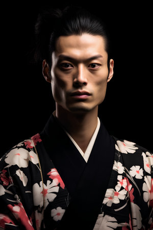 Portrait of japanese man in kimono on black backgroundの素材