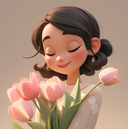 Cute girl with tulip bouquet. 3d rendering.の素材