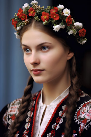 Portrait of a beautiful young girl with braids in Ukrainian national clothesの素材