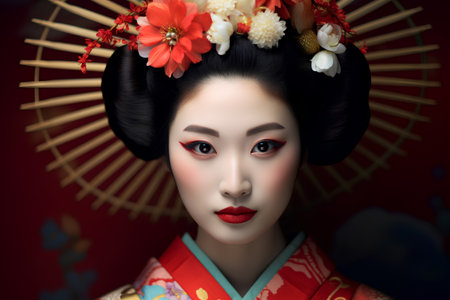 3d illustration of a beautiful geisha in a kimonoの素材