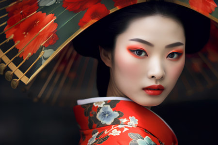 Portrait of a beautiful geisha girl in a red kimono.の素材