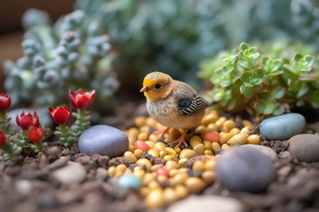 Little chick on the ground with colorful eggs and cacti.の素材